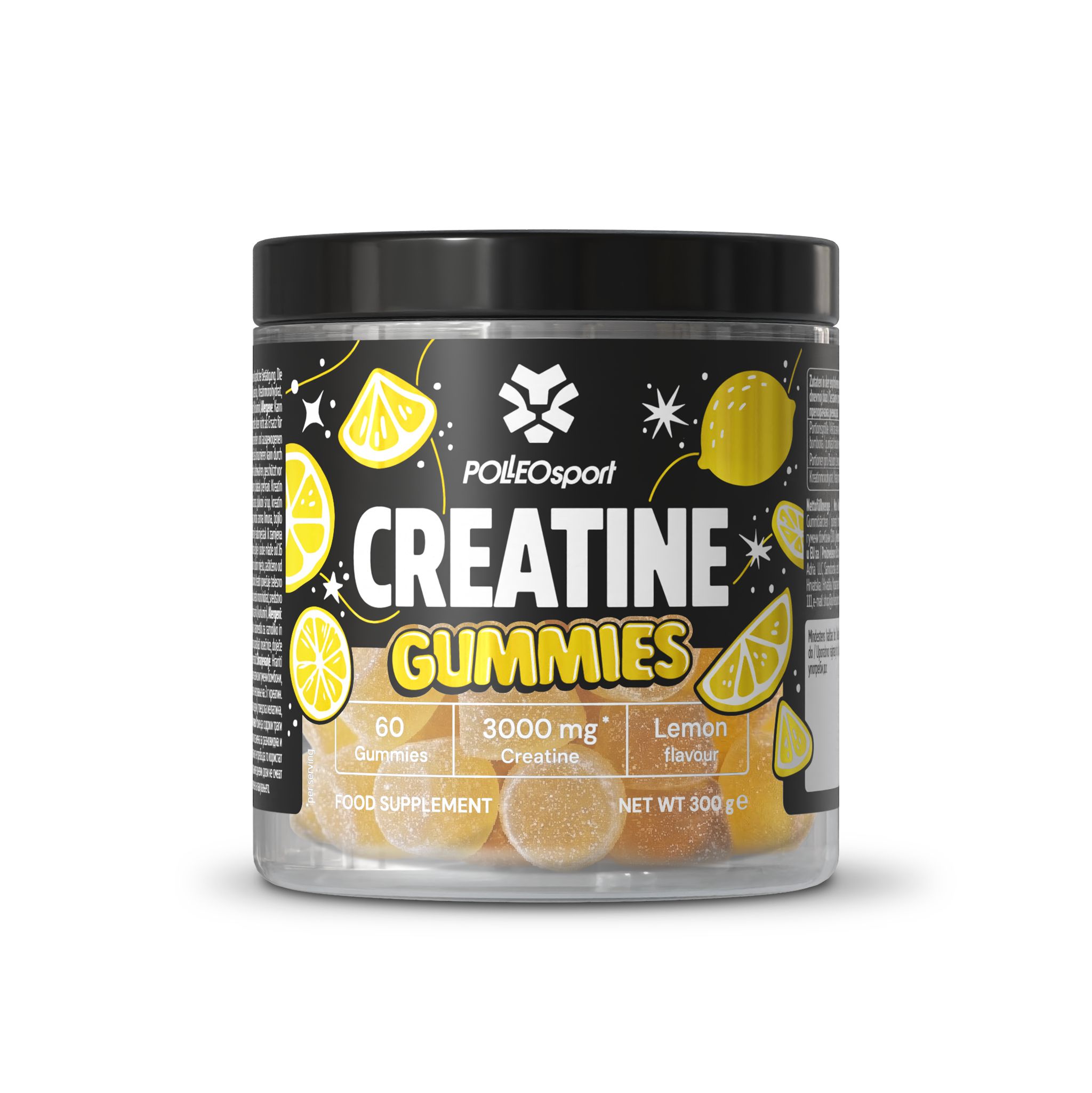 Ronde pot PolleoSport Creatine Gummies. Opschrift: Creatine Gummies, 60 gummies, 3000 mg Creatine, Lemon flavour. Netto gewicht 300g.