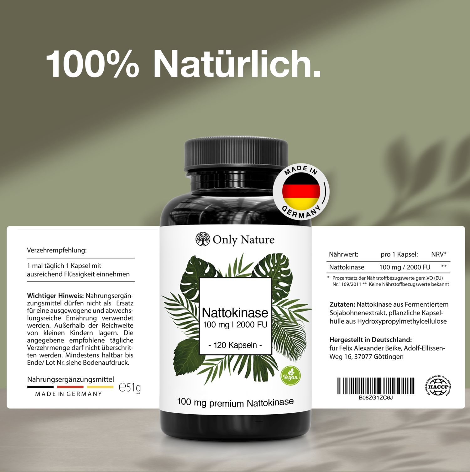 Boîte de gélules Nattokinase avec étiquette 'Made in Germany' et sceaux. Texte : '100% Naturel.'
