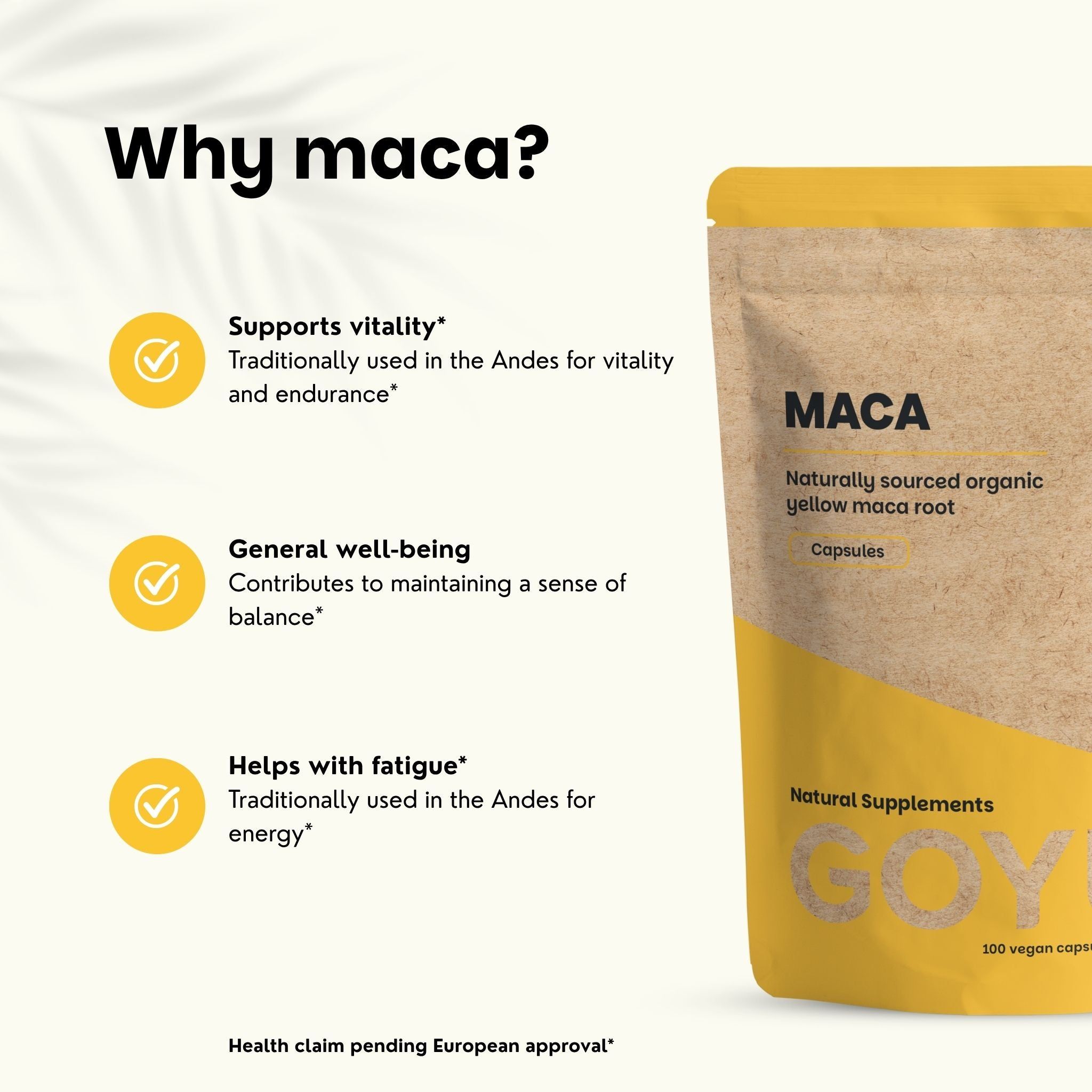 Un sachet de gélules de Maca à côté du texte sur les avantages : vitalité, bien-être, fatigue. Sceau UE visible.