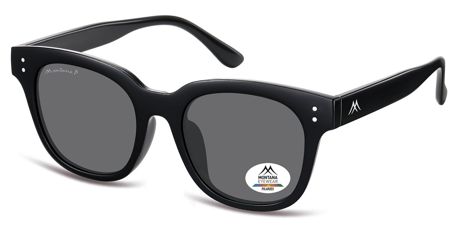 Lunettes de soleil noires avec verres gris. Logo Montana Eyewear et autocollant de polarisation. Forme carrée.