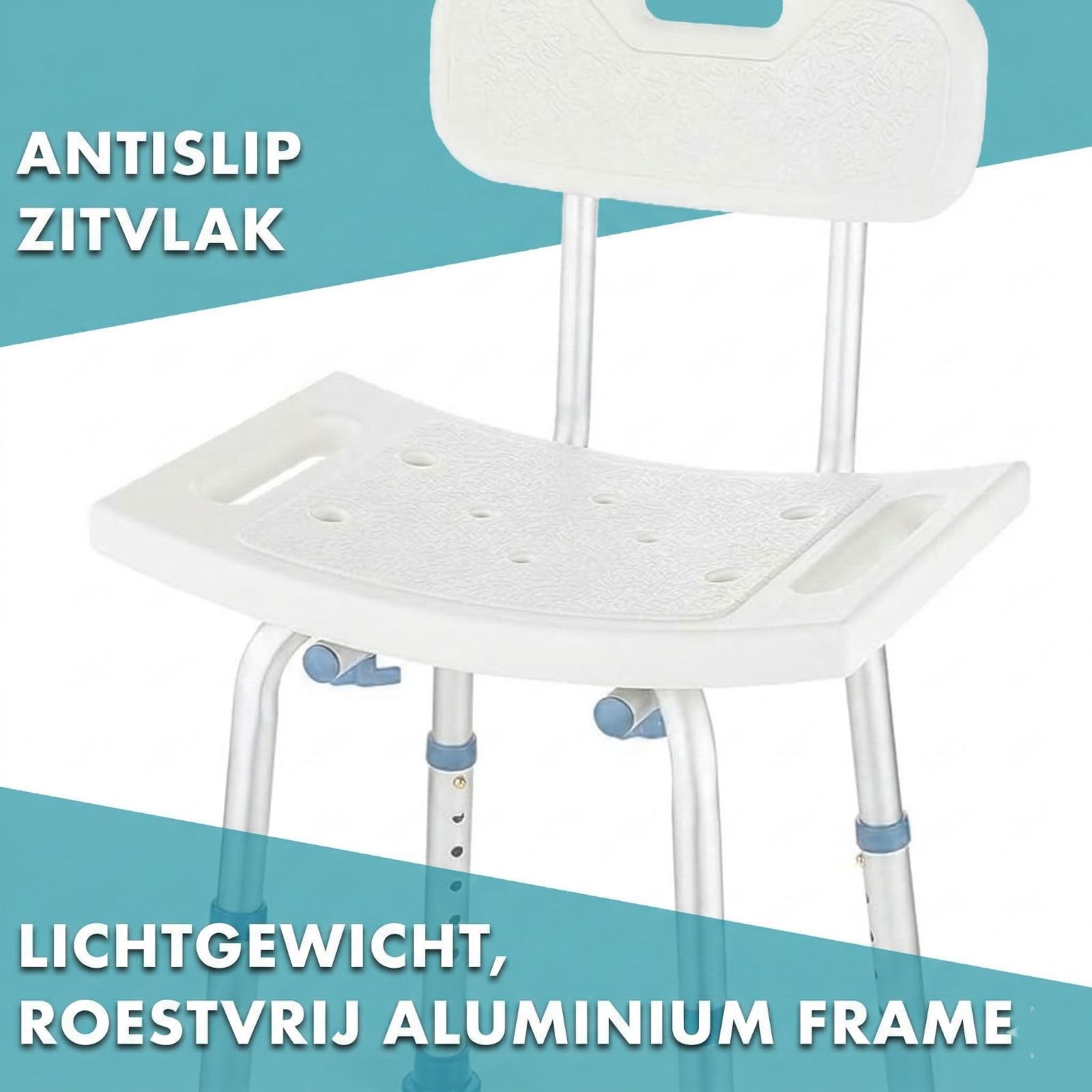 Douchestoel met rugleuning. Antislip zitvlak. Lichtgewicht, roestvrij aluminium frame.
