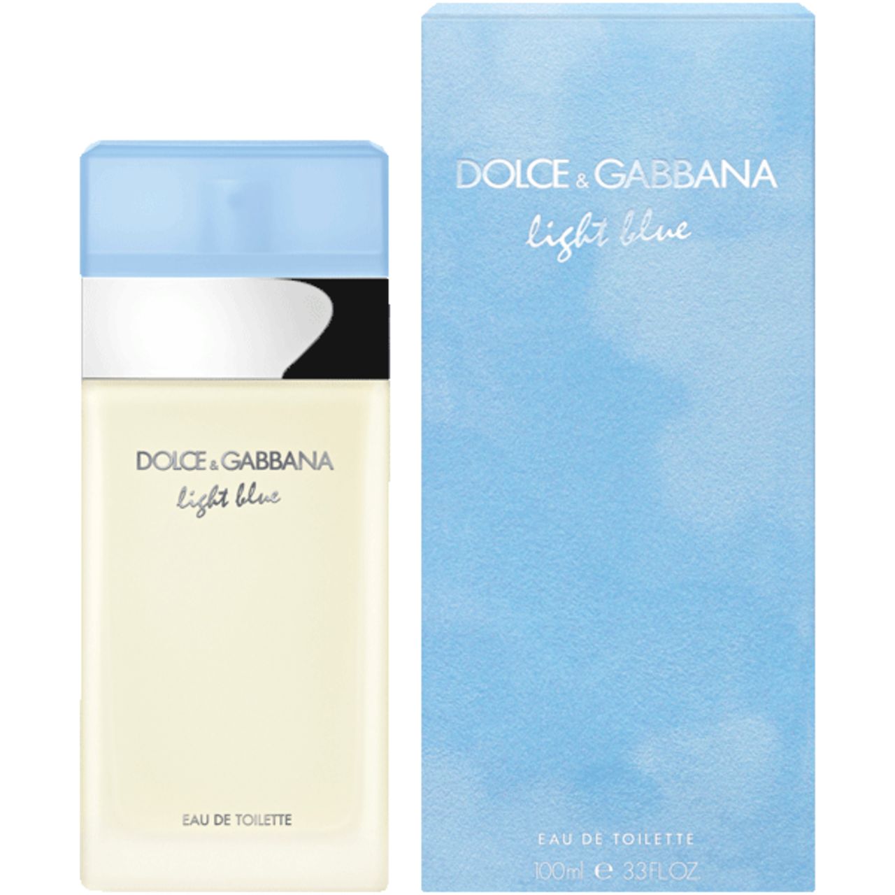 Flacon et emballage Dolce & Gabbana Light Blue EdT. Rectangulaire, bleu clair, bande argentée. Inscription.