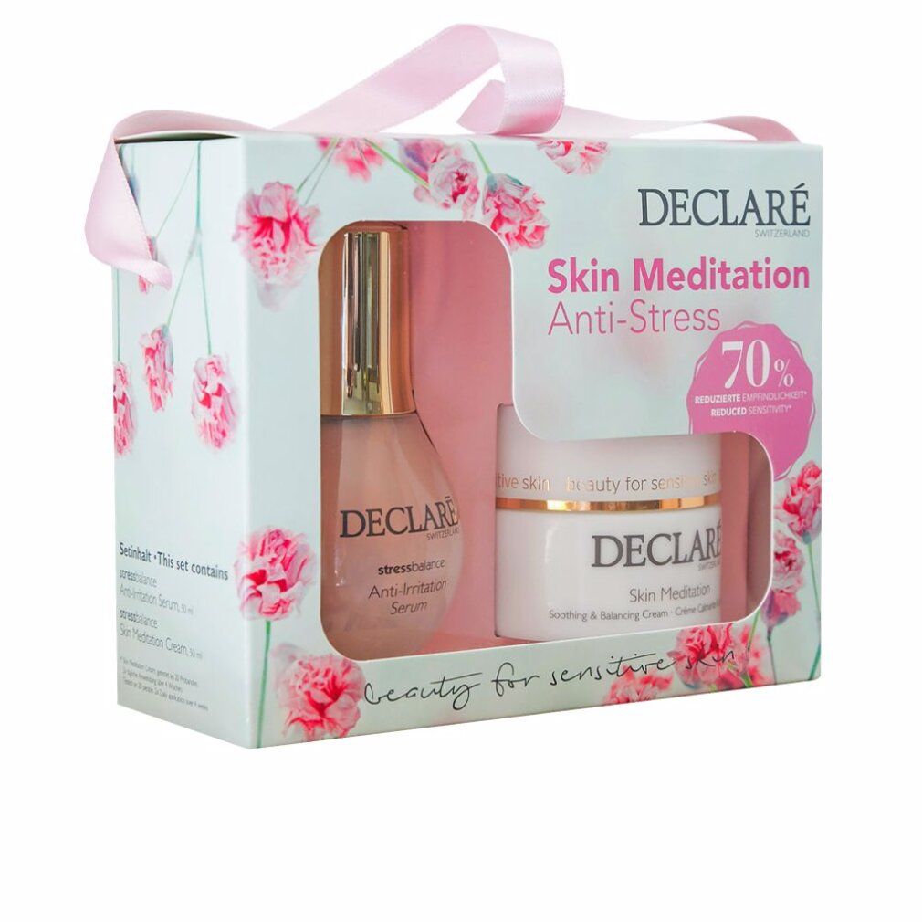 Geschenkverpakking DECLARÉ Skin Meditation Anti-Stress met serum en crème. Bloemenverpakking met roze lint.