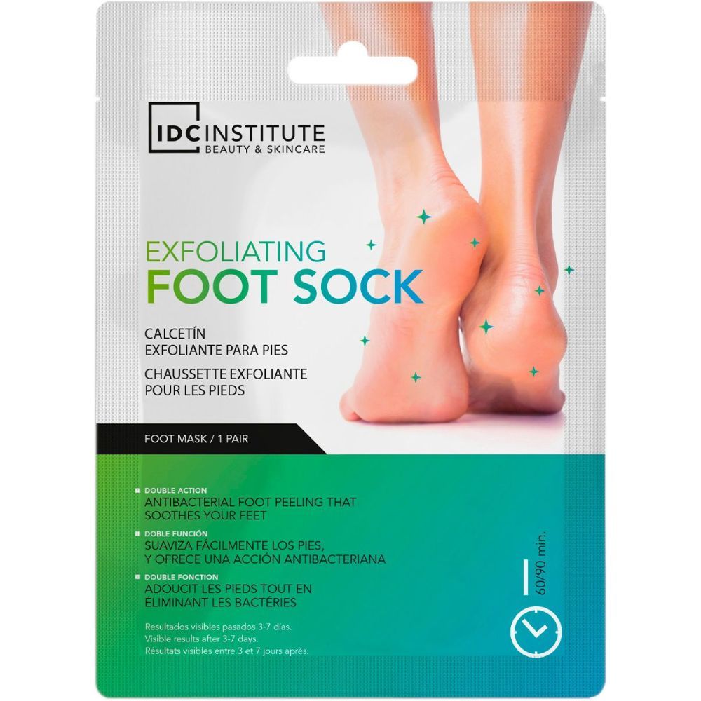 Voetmasker met productillustratie. Opschrift: Exfoliating Foot Sock. Fabrikant: IDC Institute. Verpakking met voeten.