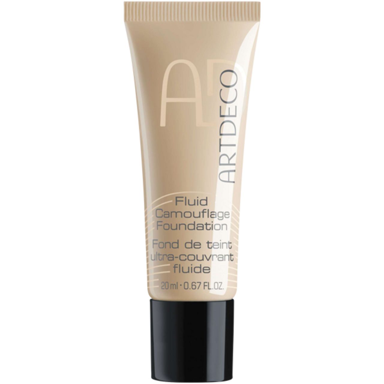 Tube beige avec bouchon noir. Inscription: Artdeco, Fluid Camouflage Foundation. Texte en anglais et français.