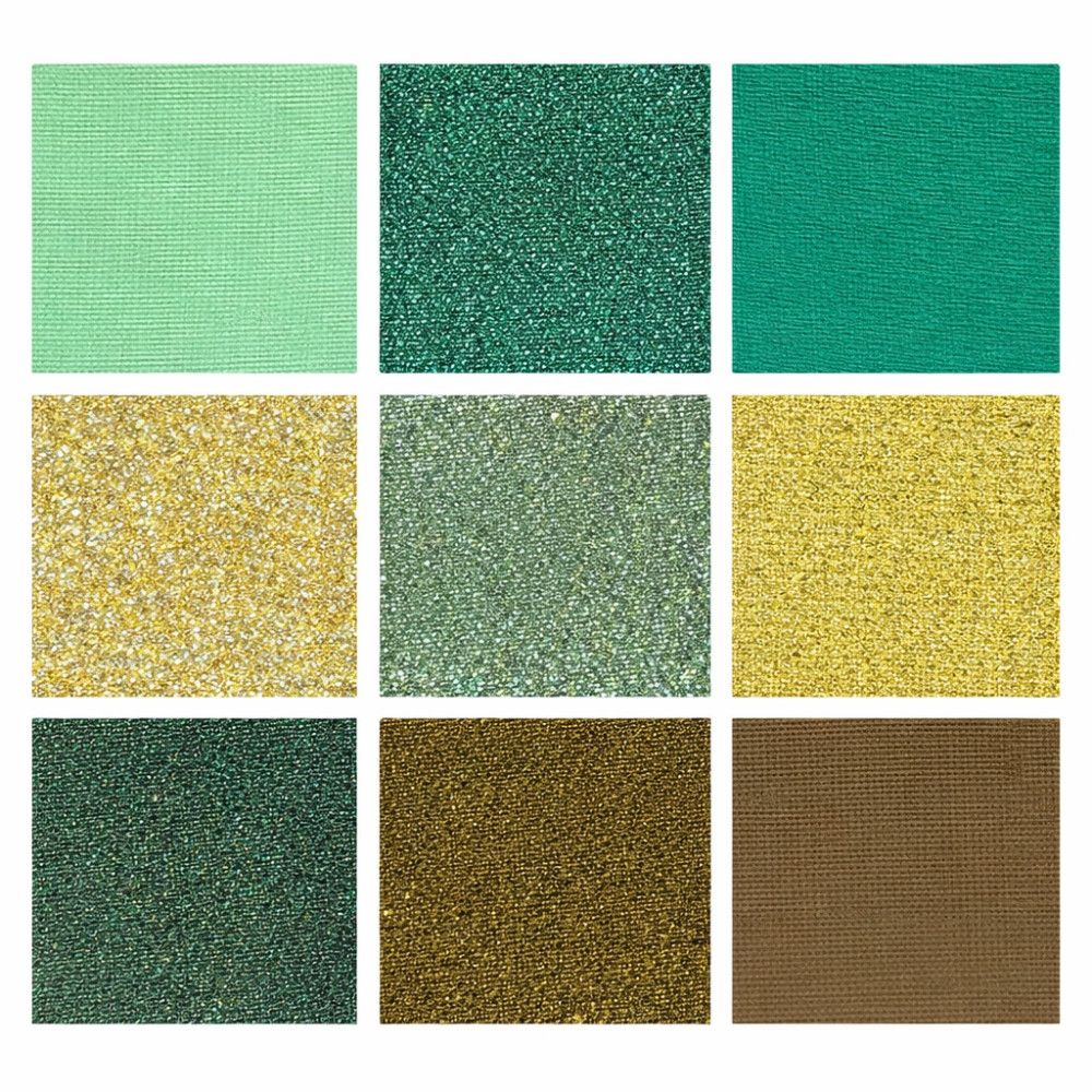 Negen vierkanten met texturen: lichtgroen, donkergroen glinsterend, turquoise, goud glinsterend, lichtgroen glinsterend, geel, donkergroen, bruin glinsterend, bruin.