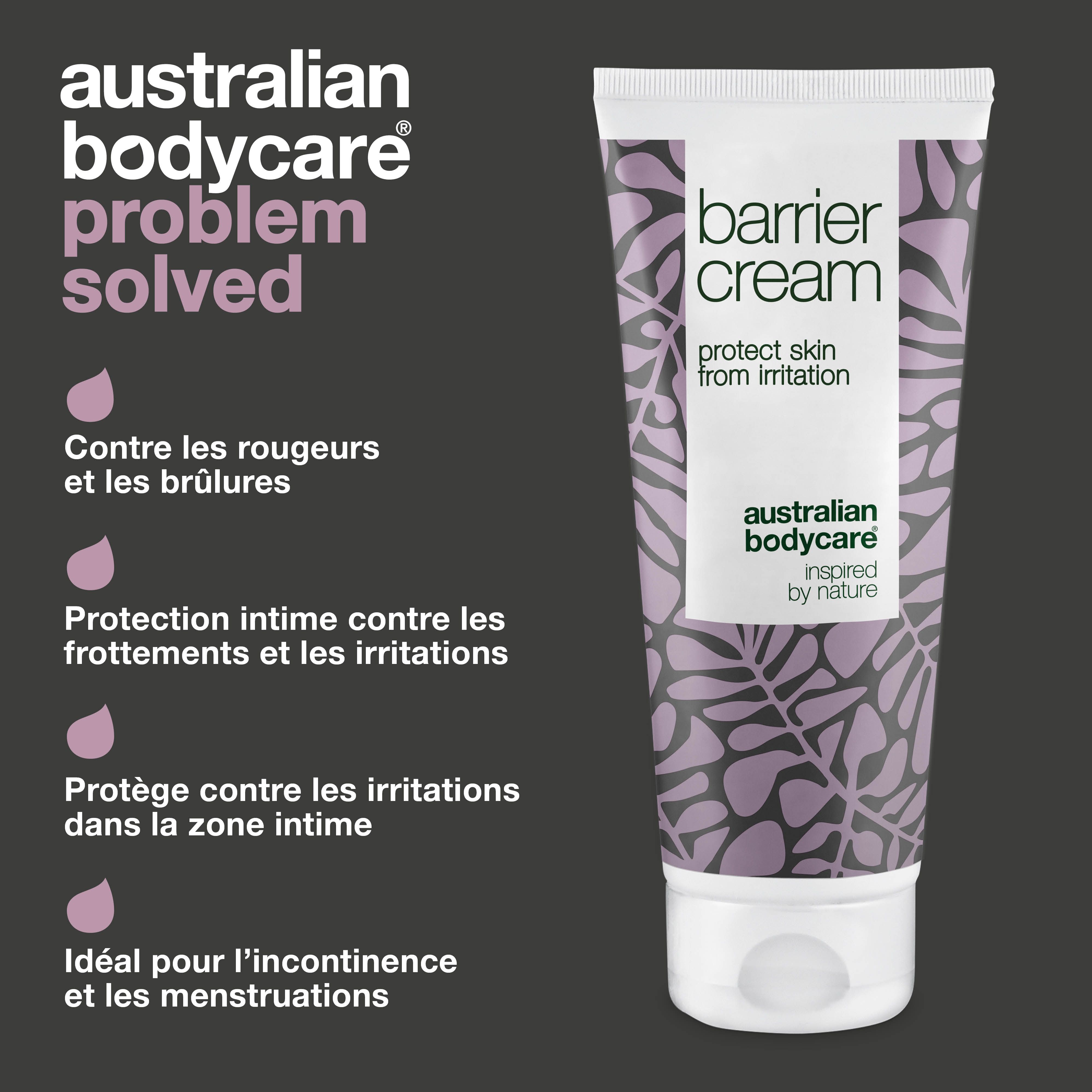Graphique : problème résolu. Tube de crème barrière. Inscription : protect skin from irritation. Marque : Australian Bodycare.