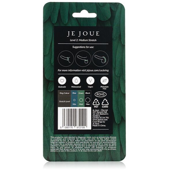 Achterkant van de verpakking van de Je Joue siliconen C-ring met productinformatie en logo's.