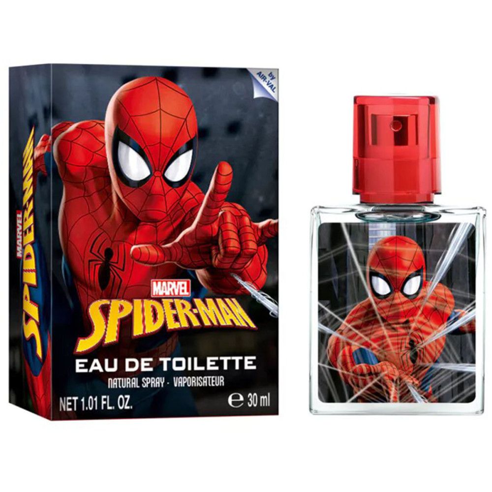Spider-Man Eau de Toilette. Rechthoekige fles en doos met Spider-Man illustratie. Tekst: Marvel, Spider-Man, Eau de Toilette, 30 ml.