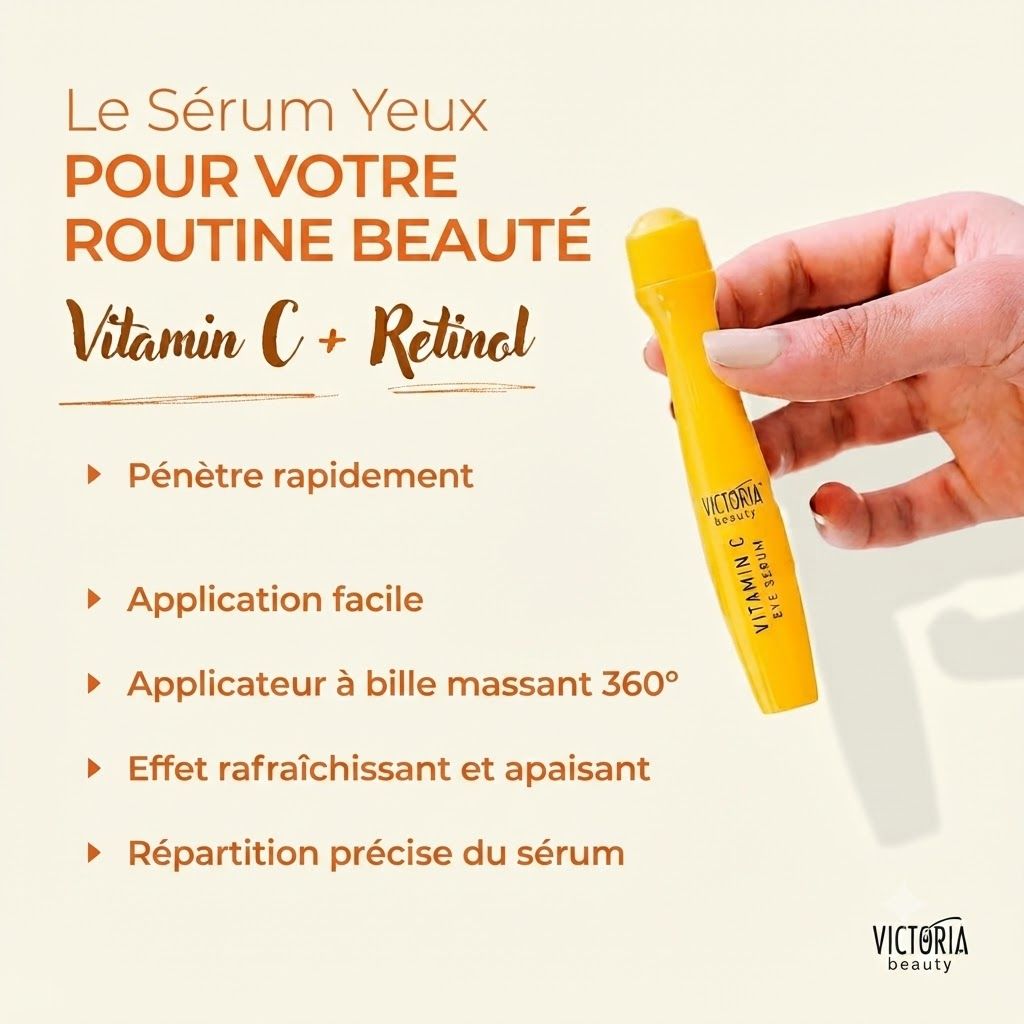 Rouleau contour des yeux jaune Victoria Beauty, Vitamine C + Rétinol. Applicateur bille massant 360° rafraîchissant.