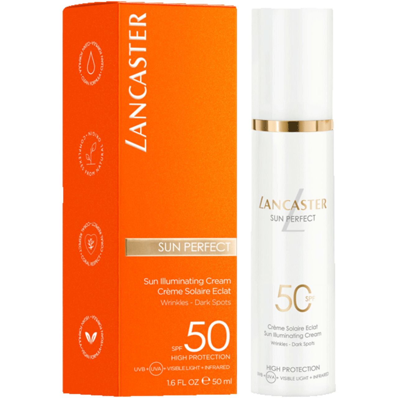 Product en verpakking. Wit product met gouden ring. Tekst: Lancaster, Sun Perfect, SPF 50, Crème Solaire Eclat, Wrinkles - Dark Spots.