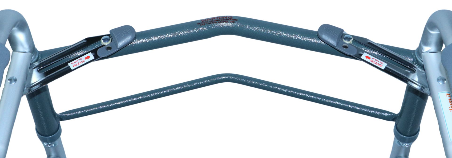 Détail du déambulateur : pièce de connexion avec verrouillage. Aluminium argenté, éléments gris.