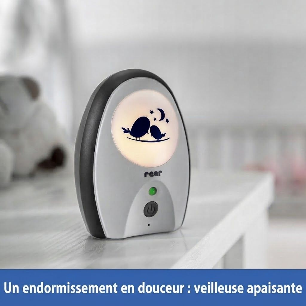 Babyphone avec veilleuse à côté d'un lit d'enfant.