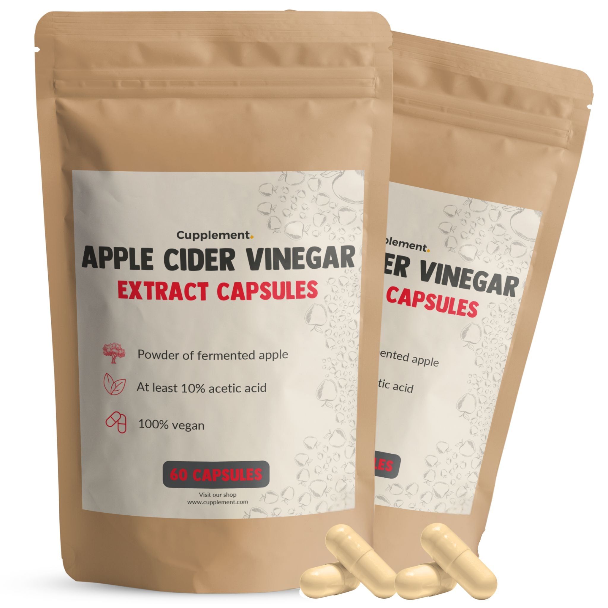 Twee zakjes met capsules. Opschrift: Apple Cider Vinegar Extract Capsules. Bevat appelciderazijn extract.