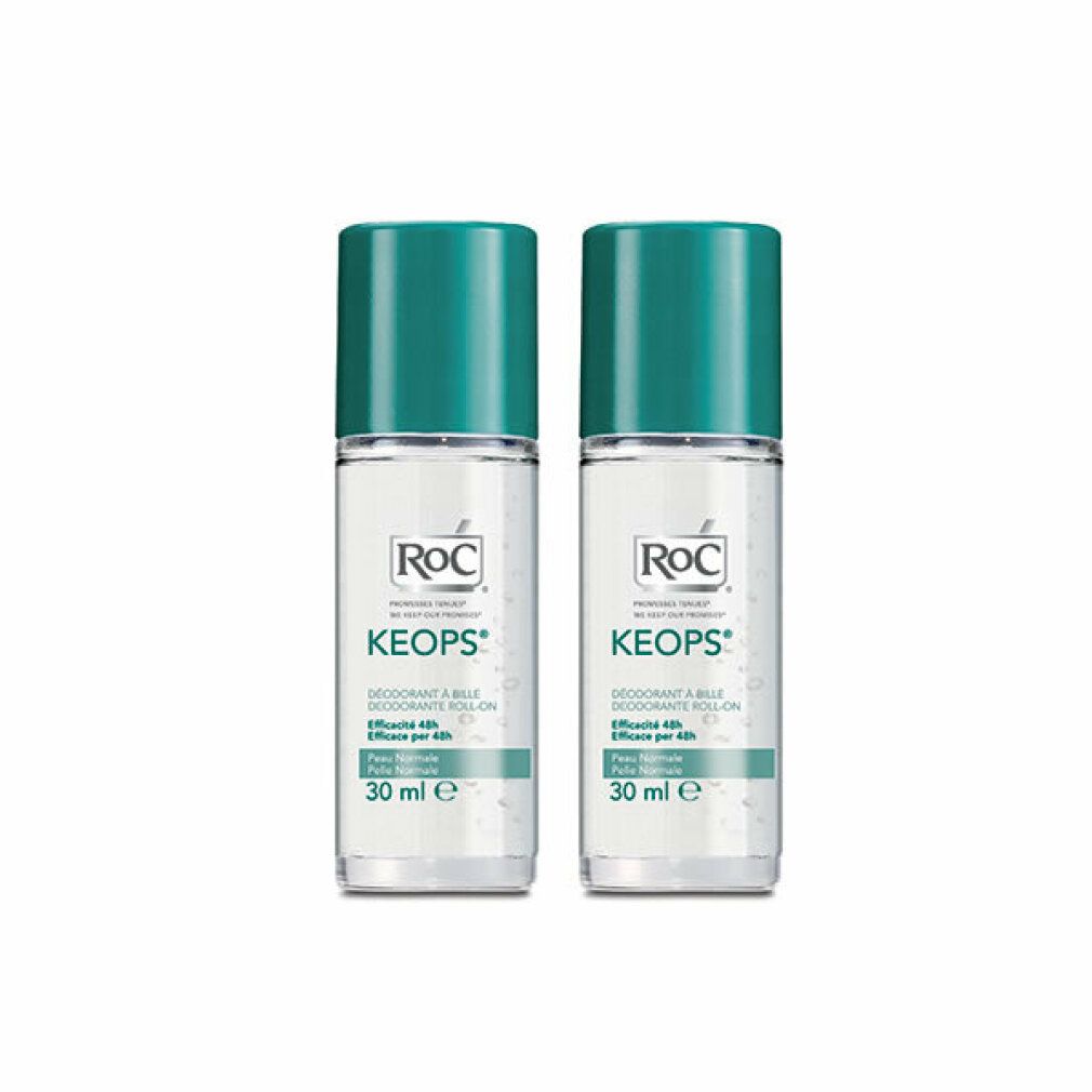 Deux déodorants roll-on avec bouchons verts. Marque ROC, nom du produit KEOPs. Inscription: 30 ml, Efficacité 48h.