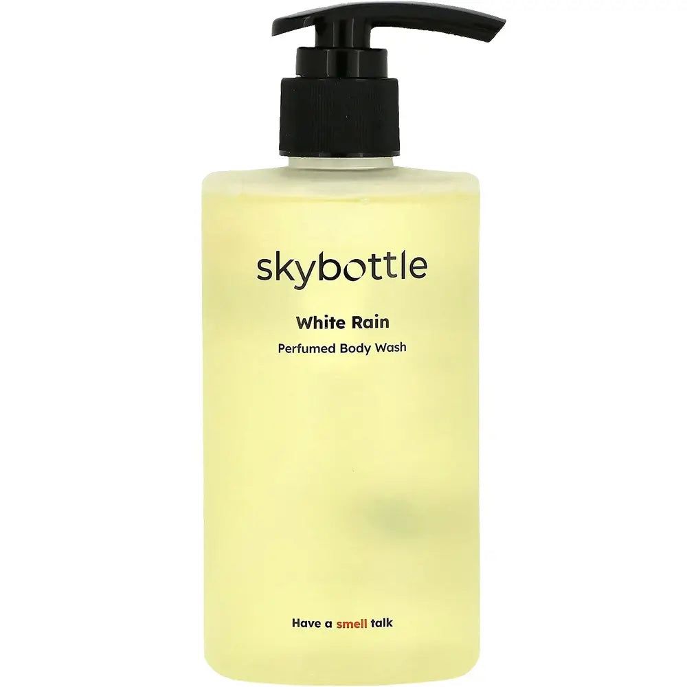 Transparante fles SKYBOTTLE White Rain douchegel met zwarte pomp.