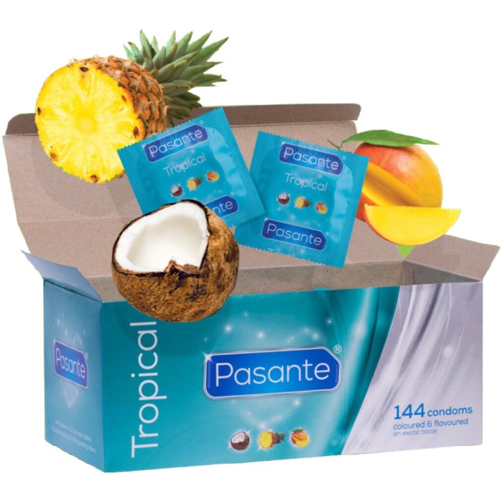 Boîte ouverte de préservatifs Pasante Tropical avec noix de coco, ananas et mangue.