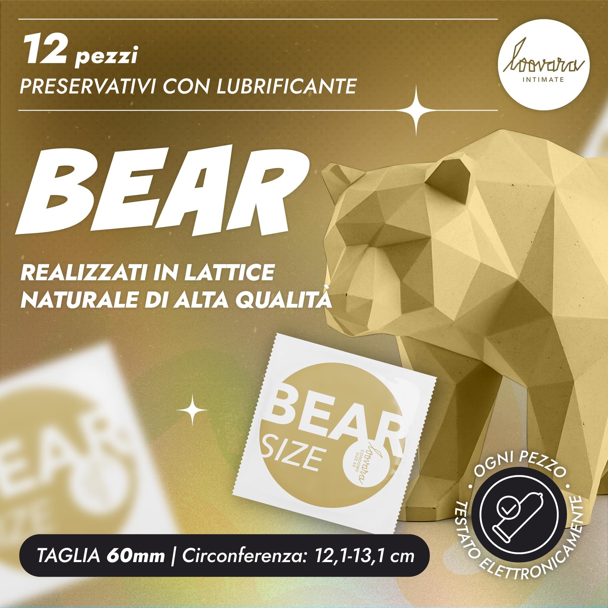 Verpakking van 12 Loovara Bear XL condooms, 60mm. Gouden berengrafiek. Elektronisch getest.