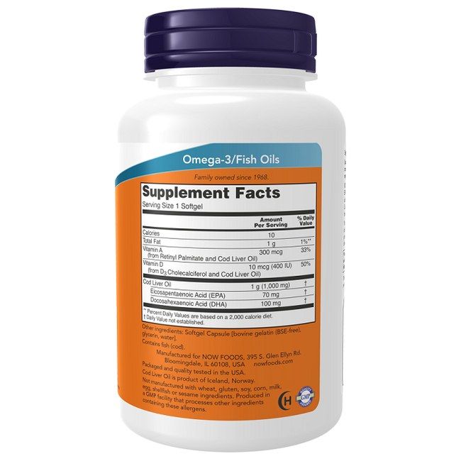 Dos de Now Foods Huile de foie de morue 1000 mg Softgels. Supplement Facts indique 1g d'huile de foie de morue, 70mg EPA, 100mg DHA.