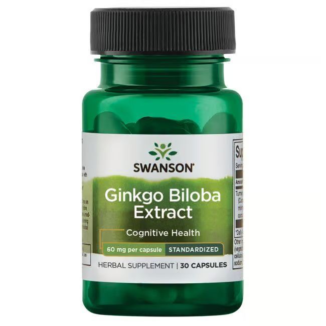 Flacon vert avec bouchon noir. Étiquette avec nom du produit, marque SWANSON et extrait de Ginkgo Biloba. 30 gélules.