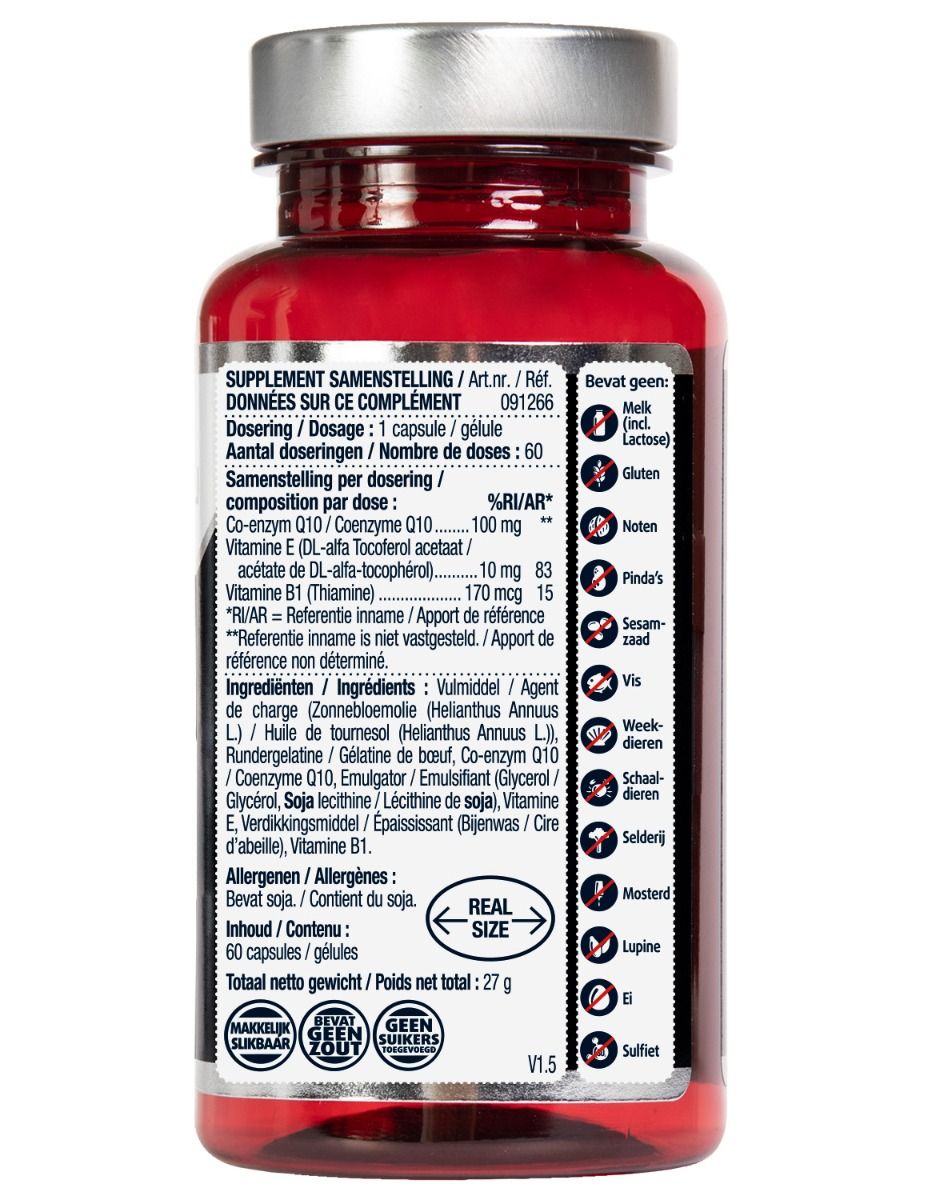 Achterkant fles met ingrediënten en voedingswaarde. Bevat geen allergenen.