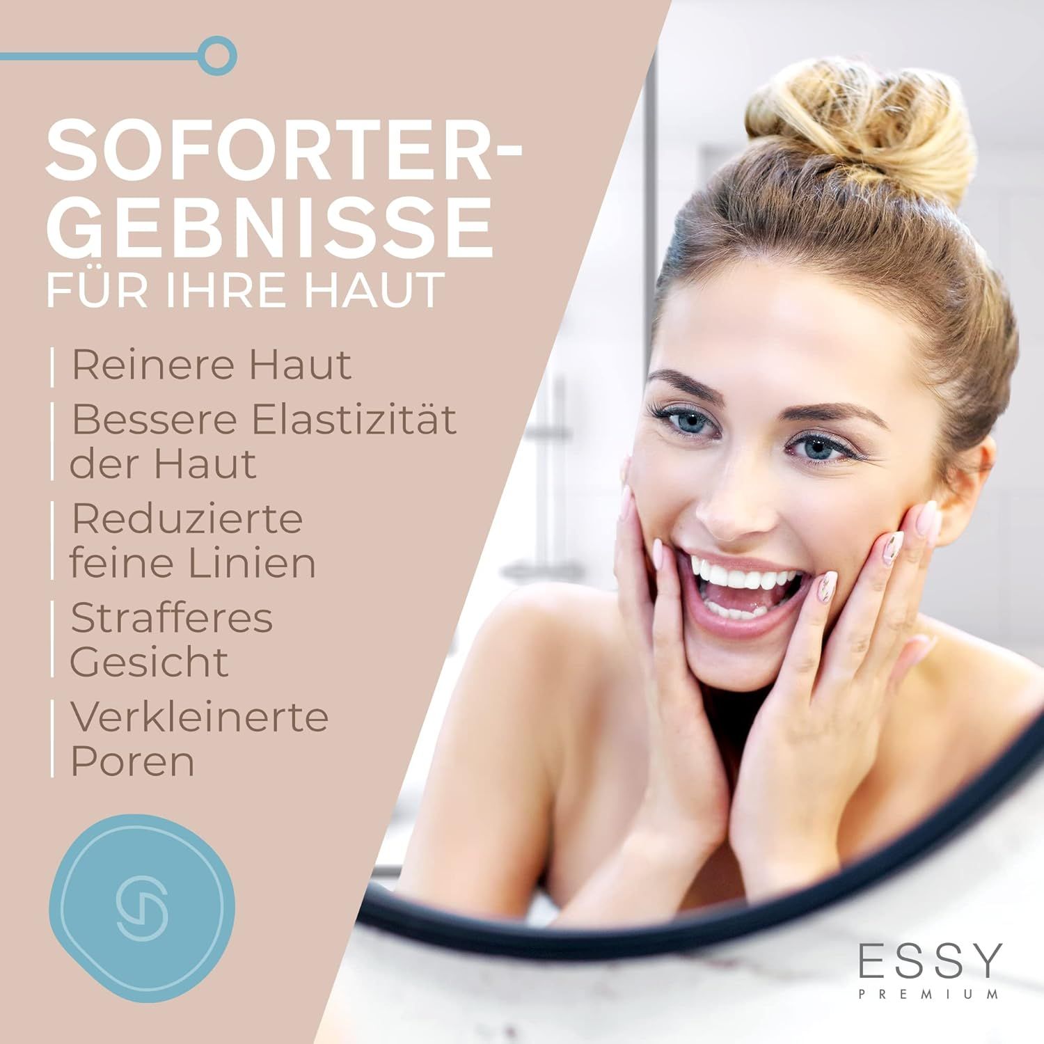 Vrouw met stralende huid die de voordelen van de Essy Pore Vacuum toont.