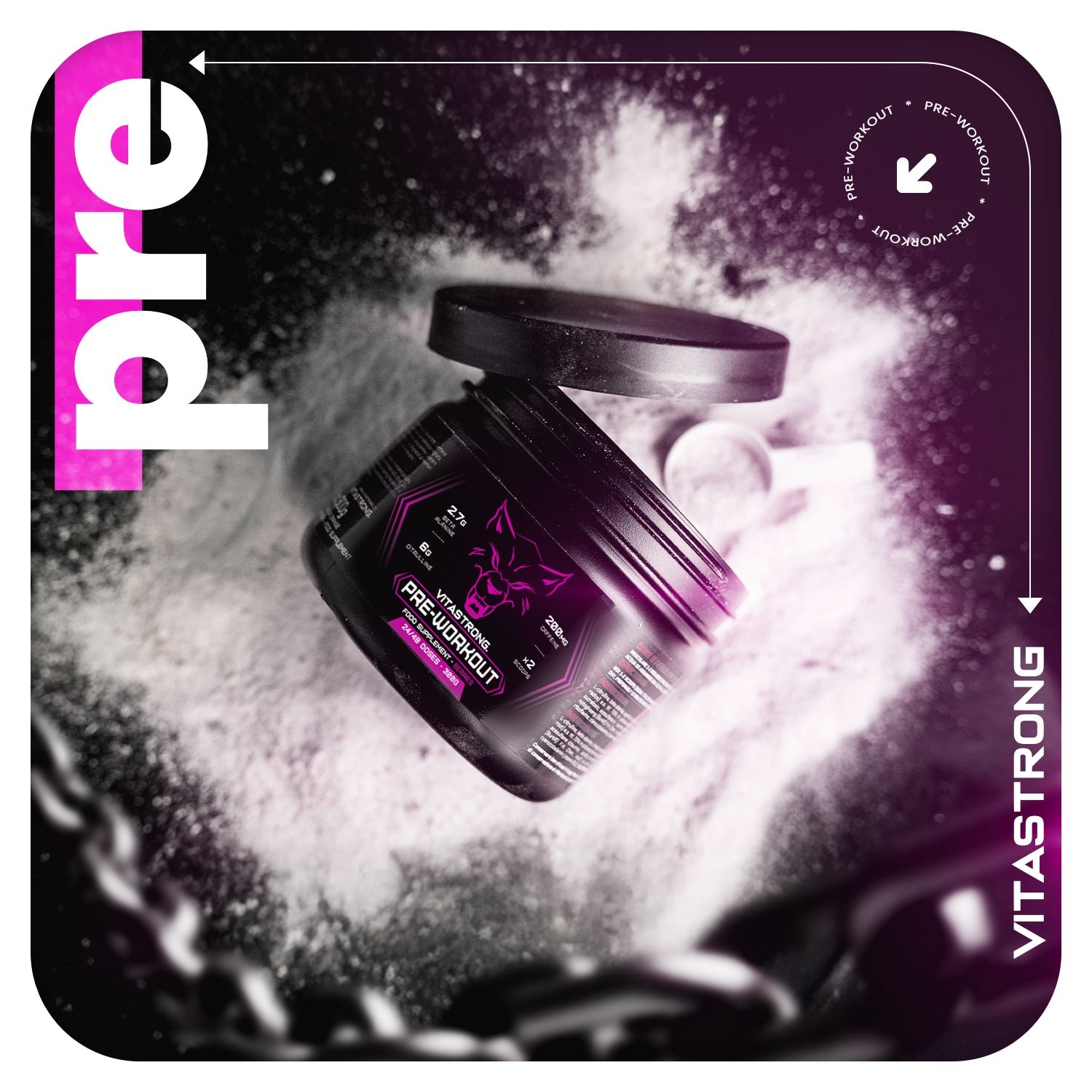 Pot Vitastrong Pre-Workout, Beeren, 300g. Pot open, poeder zichtbaar. Wolf logo en roze tekst.