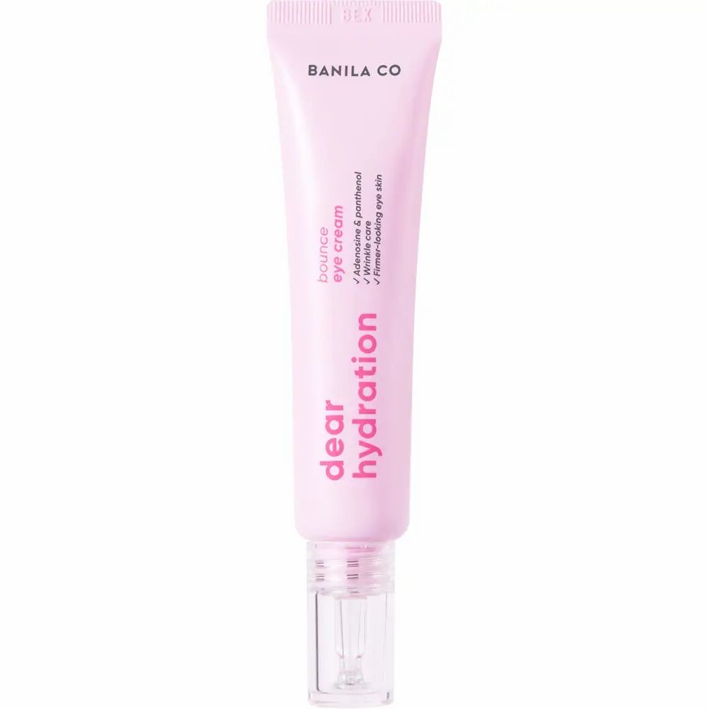 Tube de crème pour les yeux rose avec applicateur transparent. Inscription "BANILA CO Dear Hydration".