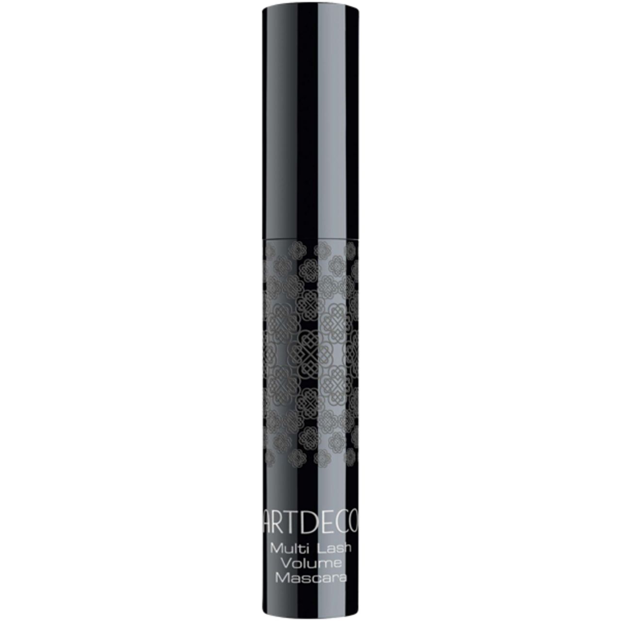 Zwarte mascara tube met zilveren patroon en tekst. Productnaam: Artdeco Multi Lash Volumen Mascara Refillable.