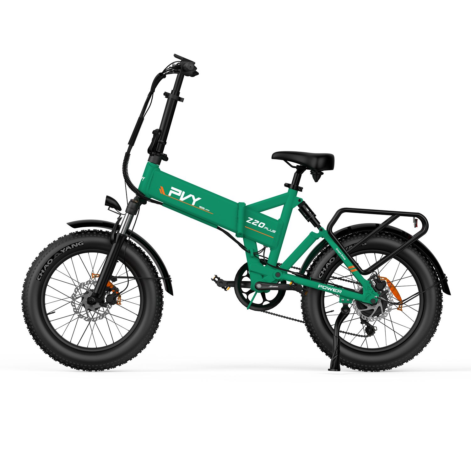 Groene PVY Z20 Plus e-bike met drievoudige vering. Zwarte banden, bagagerek en zadel. Zichtbare opschriften.