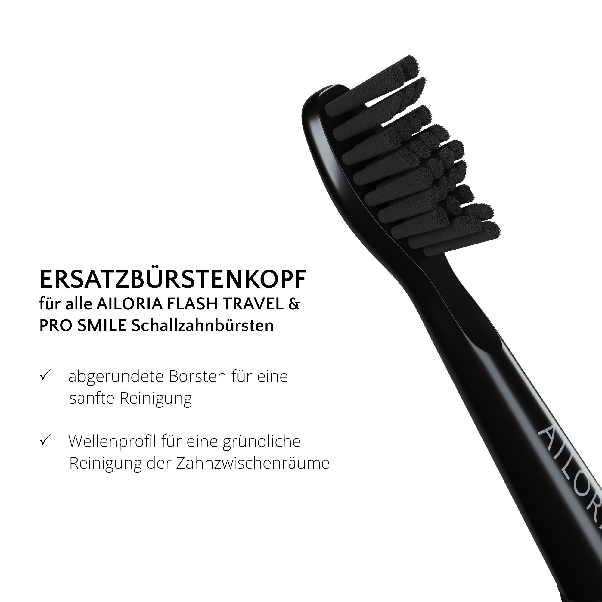Tête de brosse noire avec texte : Tête de remplacement pour brosses à dents soniques AILORIA FLASH TRAVEL & PRO SMILE. Soies arrondies.