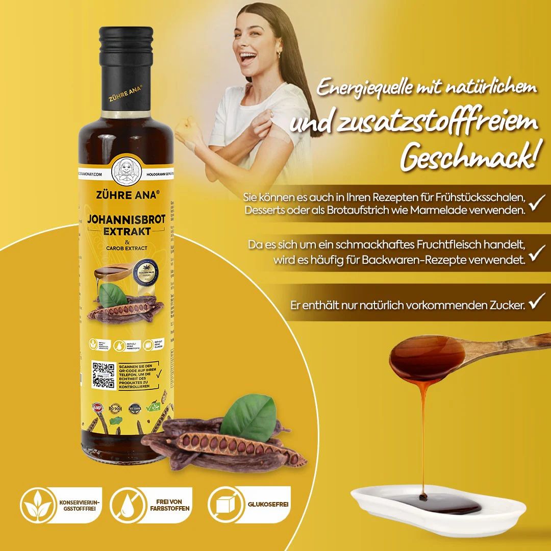 Bouteille en verre marron avec bouchon noir. Inscription : Zühre Ana Johannisbrot Extrakt. Étiquette jaune. Produit montré dans une cuillère.