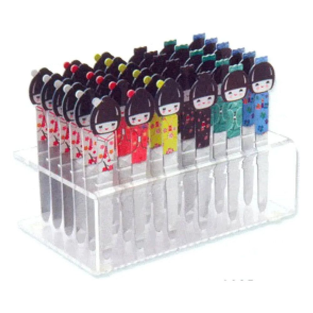 Présentoir avec 36 dossiers colorés à motifs de poupées japonaises. Support transparent.