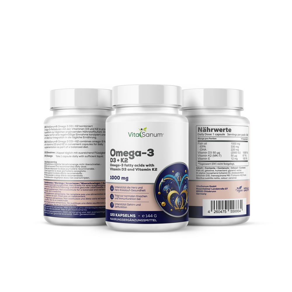 Trois flacons blancs de gélules Omega-3 D3+K2. Nom du produit et informations sur les étiquettes.