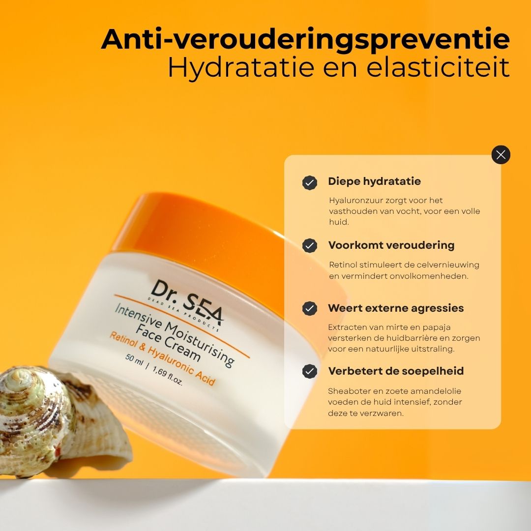 Crèmepot met deksel. Tekst: "Anti-veroudering preventie". Ingrediënten: Retinol, Hyaluronzuur. Schelpen op de achtergrond.