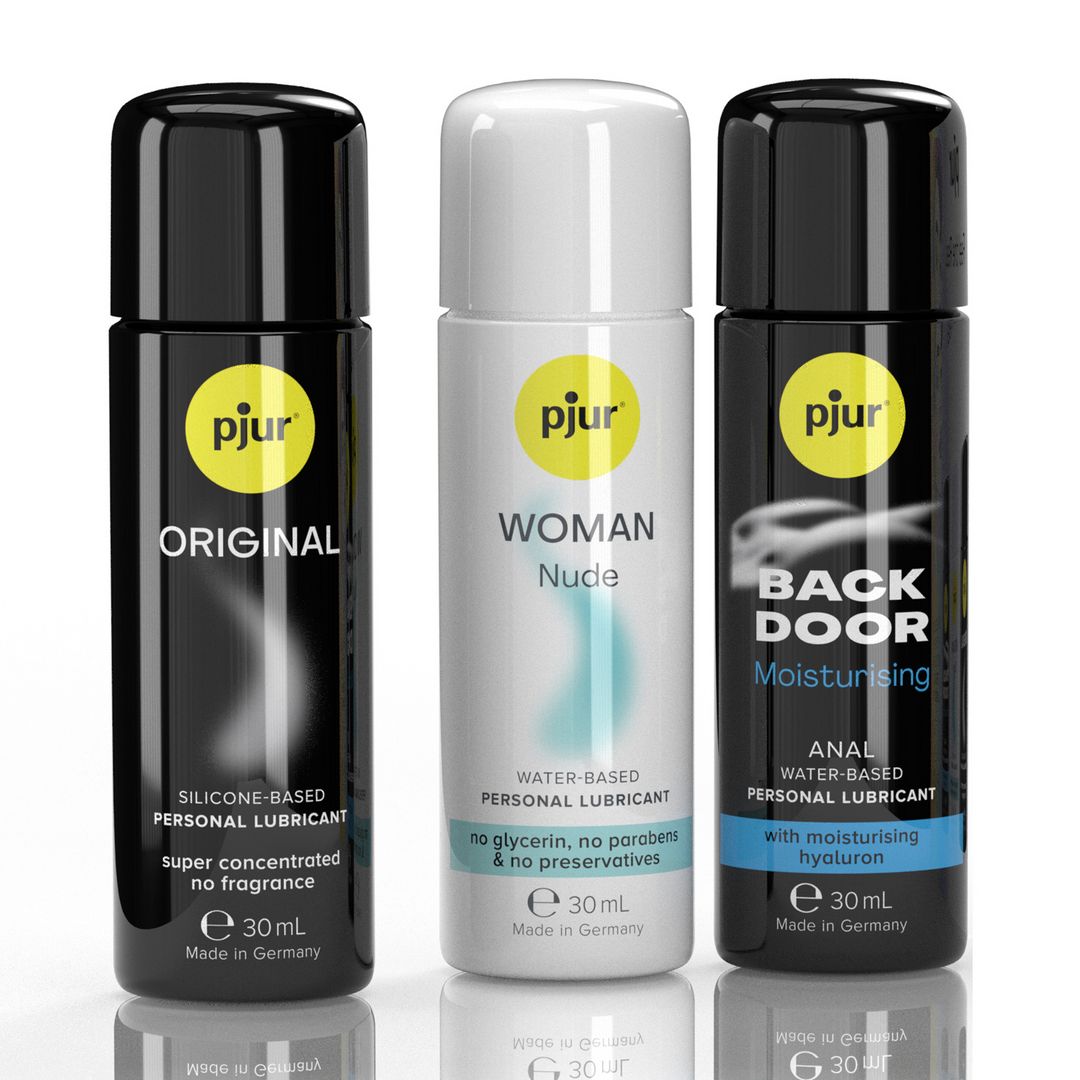 Drie Pjur persoonlijke glijmiddelen: Original (siliconen), Woman Nude (waterbasis) en Back Door (waterbasis, hydraterend).