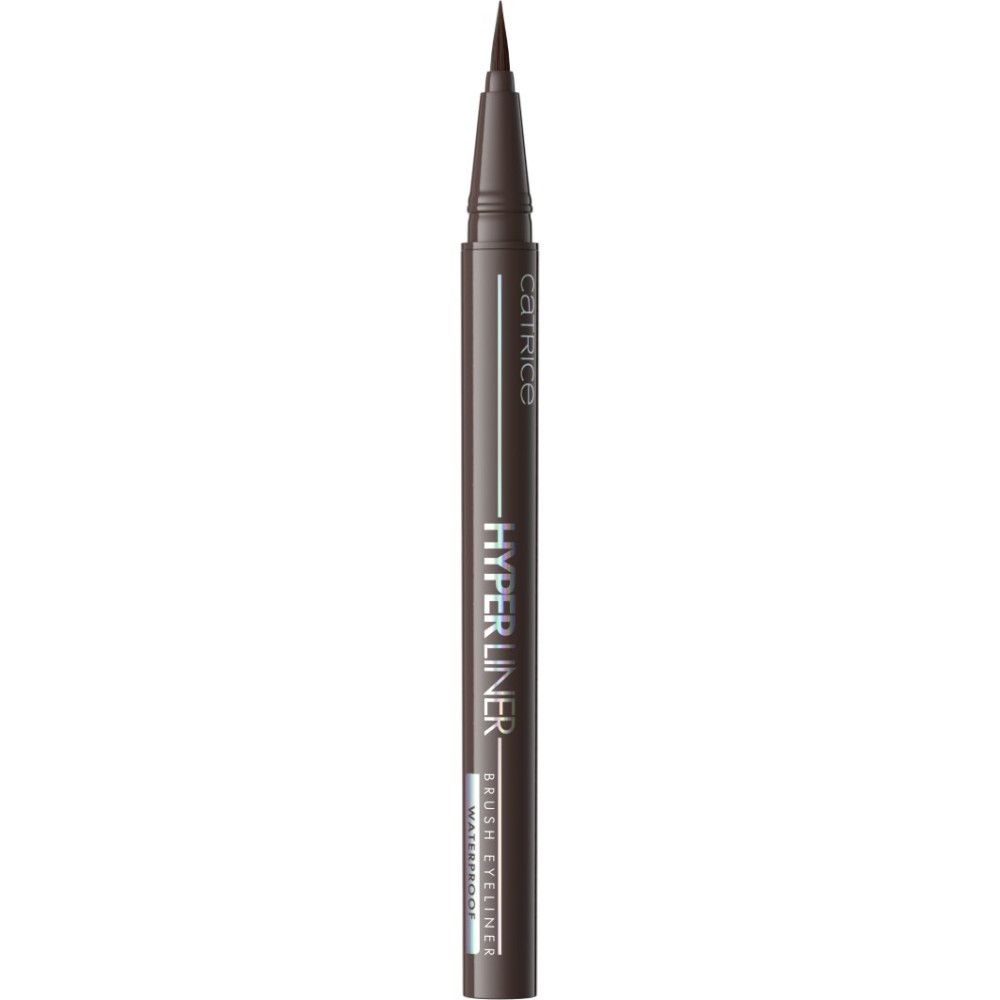 Donkerbruine eyeliner pen met fijne punt en applicator. Tekst: CATRICE HYPERLINER BRUSH EYELINER WATERPROOF.