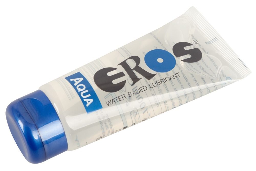 Schuin liggende tube met transparante gel en blauwe dop. Opschrift: EROS Aqua.