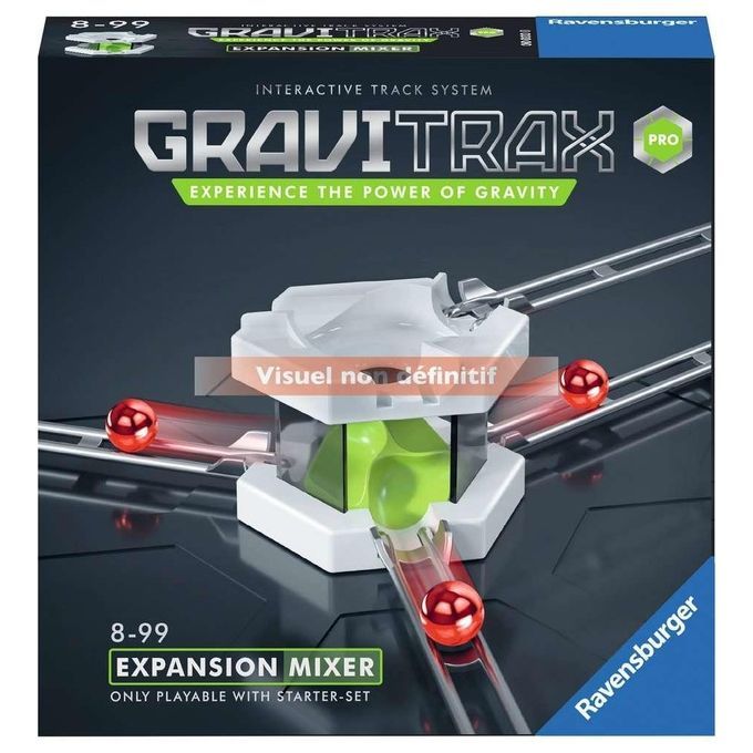 Verpakking GraviTrax Pro. Mixer uitbreiding. Rode knikkers op rails. Ravensburger logo. Tekst: « Visuel non définitif ».