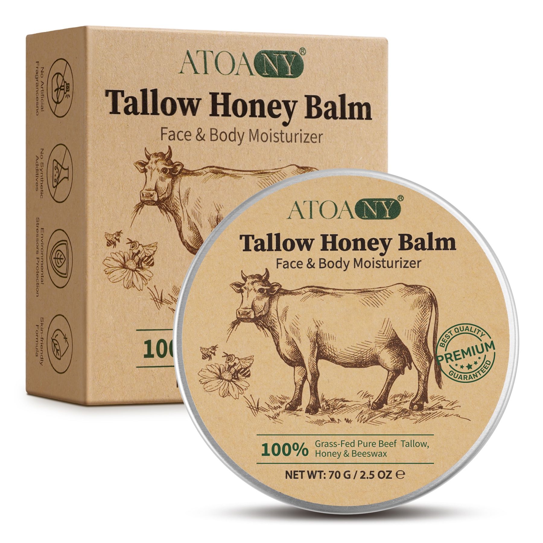 Tallow Honey Balm gezichts- en lichaamsbalsem in ronde pot en kartonnen verpakking. Bevat rundertalg, honing en bijenwas.