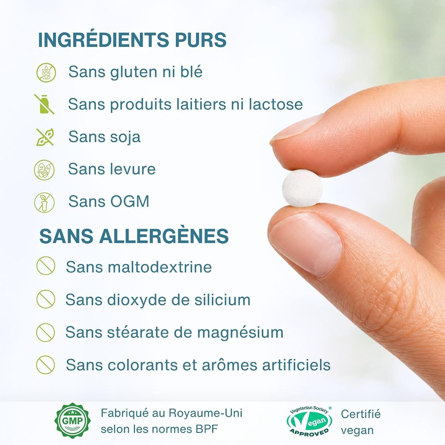Igennus L-Methylfolate : Pur, sans gluten, lactose, soja, levure, OGM.