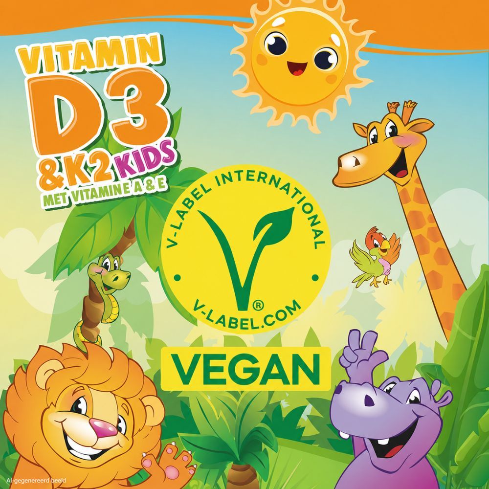 Infographic over Vitamine D3+K2 druppels voor kinderen: bijdragen aan bloedstolling, calcium, immuunsysteem, celdeling, gezichtsvermogen.