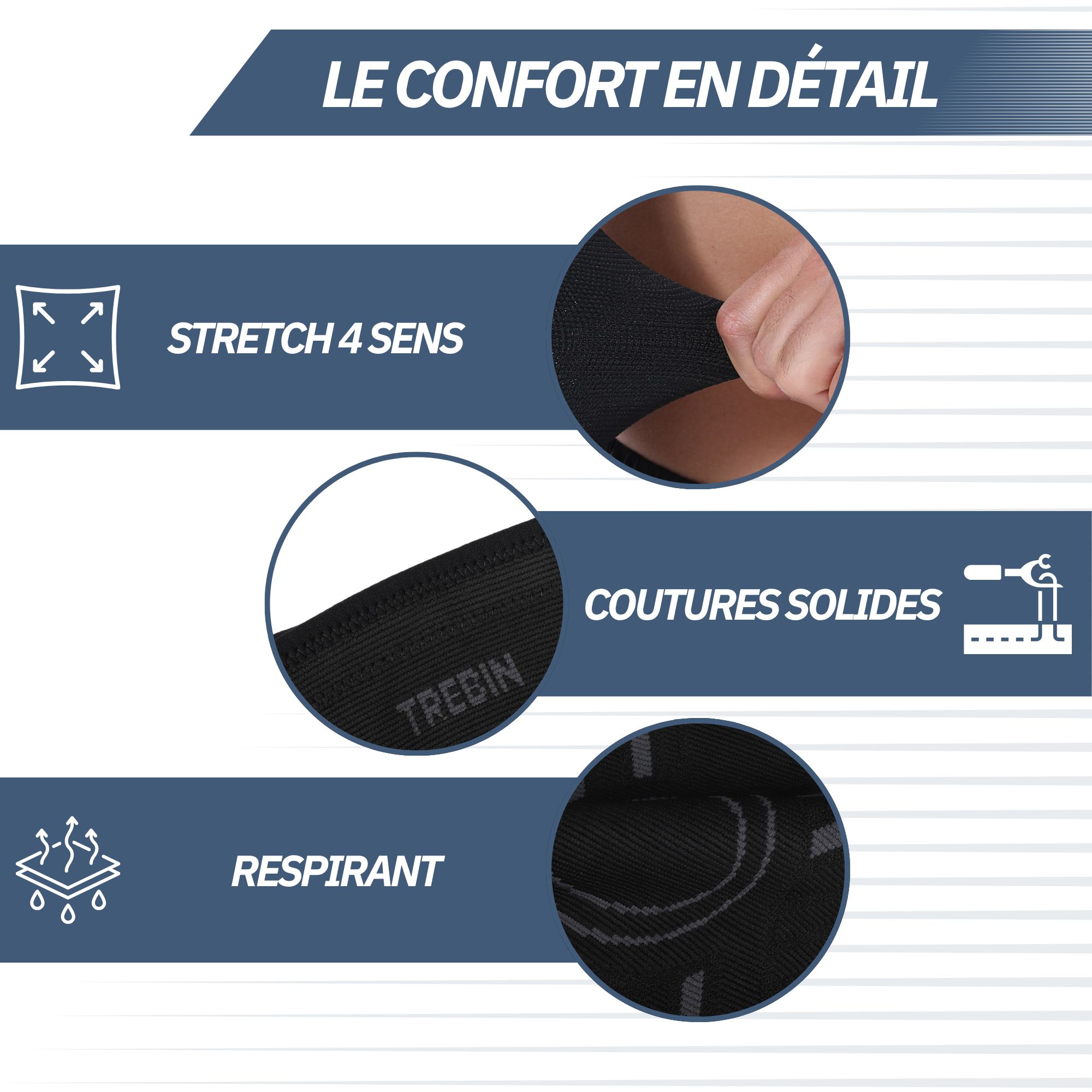 Vue détaillée d'un correcteur d'orteil : stretch 4 directions, coutures solides, tissu respirant.