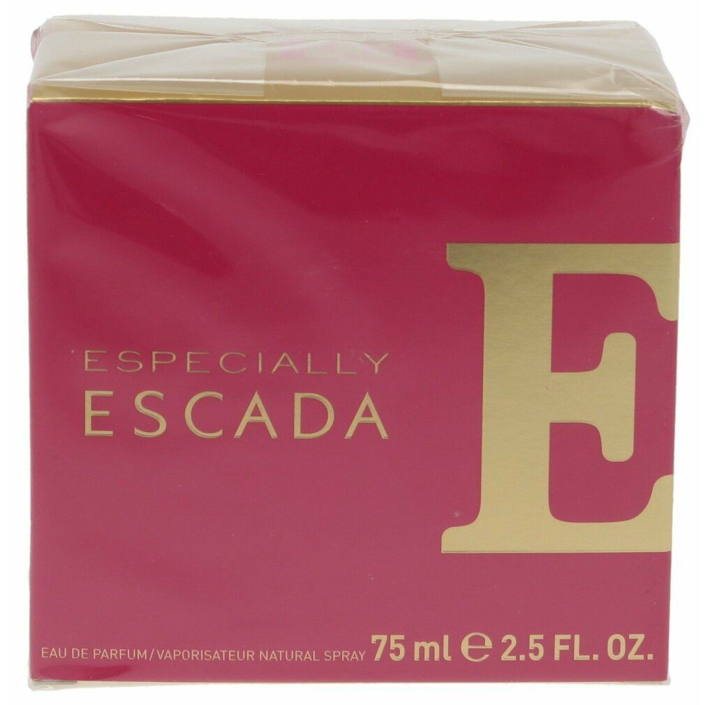 Emballage d'Escada Especially Eau De Parfum Spray. Rose avec texte doré et nom du produit.