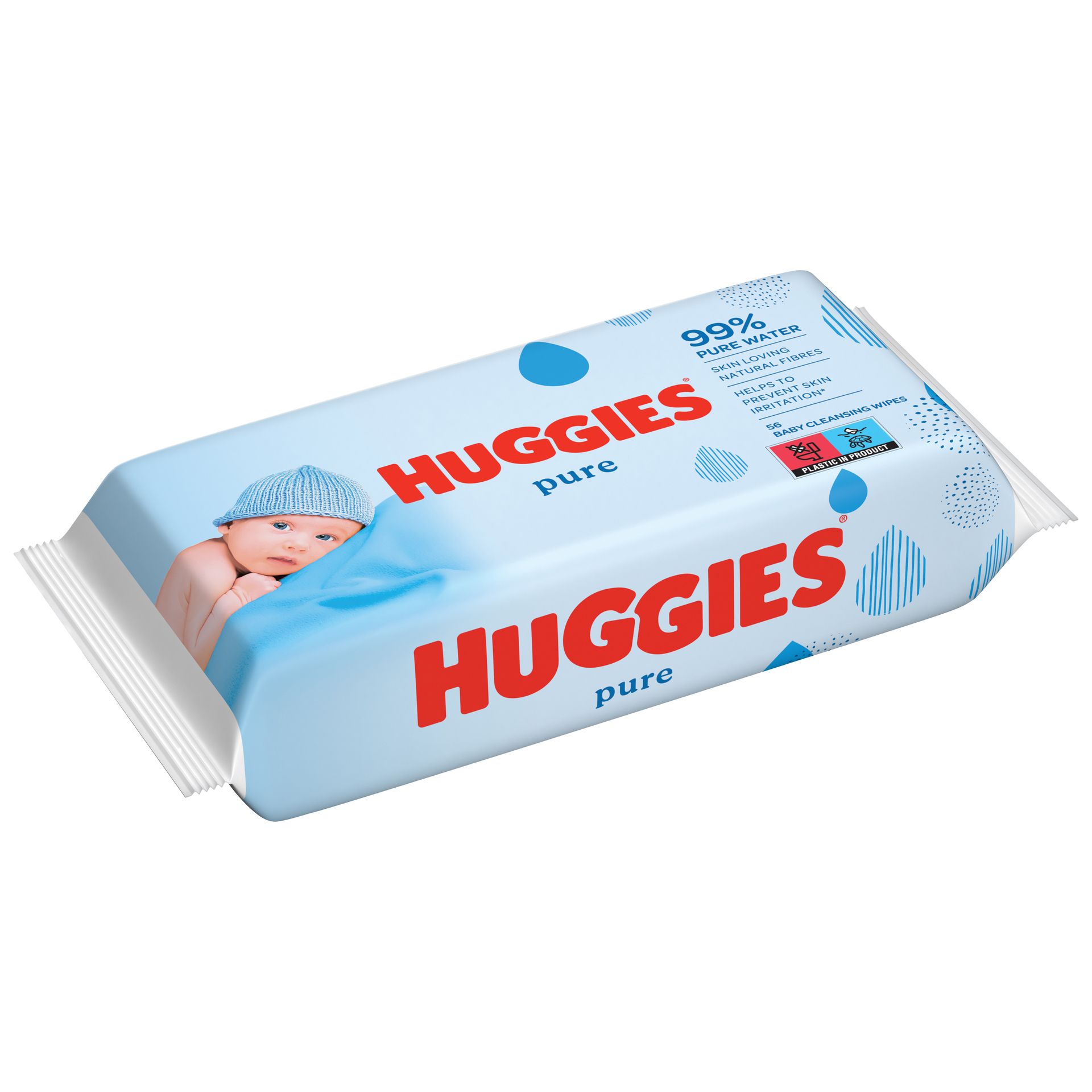 Lingettes Huggies Pure. Emballage bleu avec illustration de bébé. Contient 99% d'eau et fibres naturelles. Paquet unique.