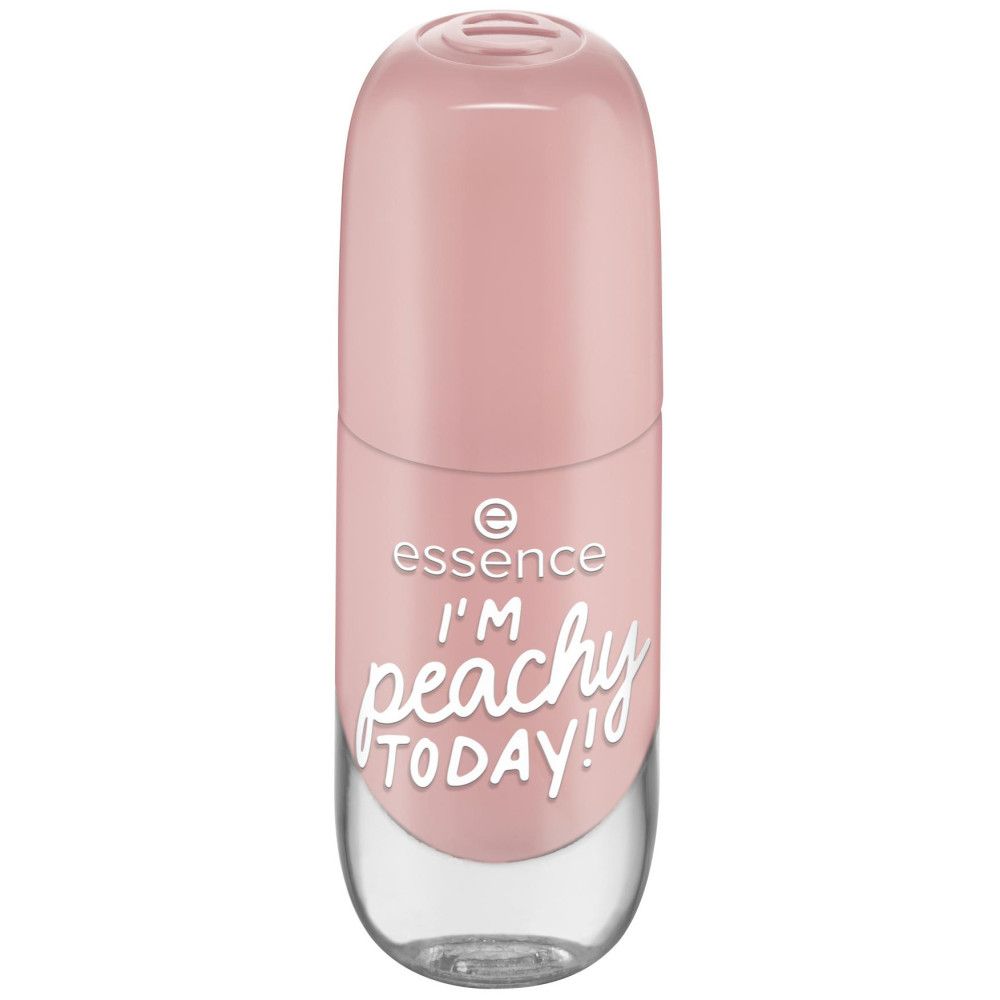 Flacon de vernis à ongles avec bouchon fermé. Vernis à ongles rose. Inscription : I'M peachy TODAY ! Marque : essence.