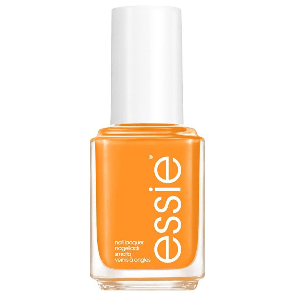 Essie nagellakfles, oranje, met witte dop. Tekst: 'essie', 'nail lacquer'.