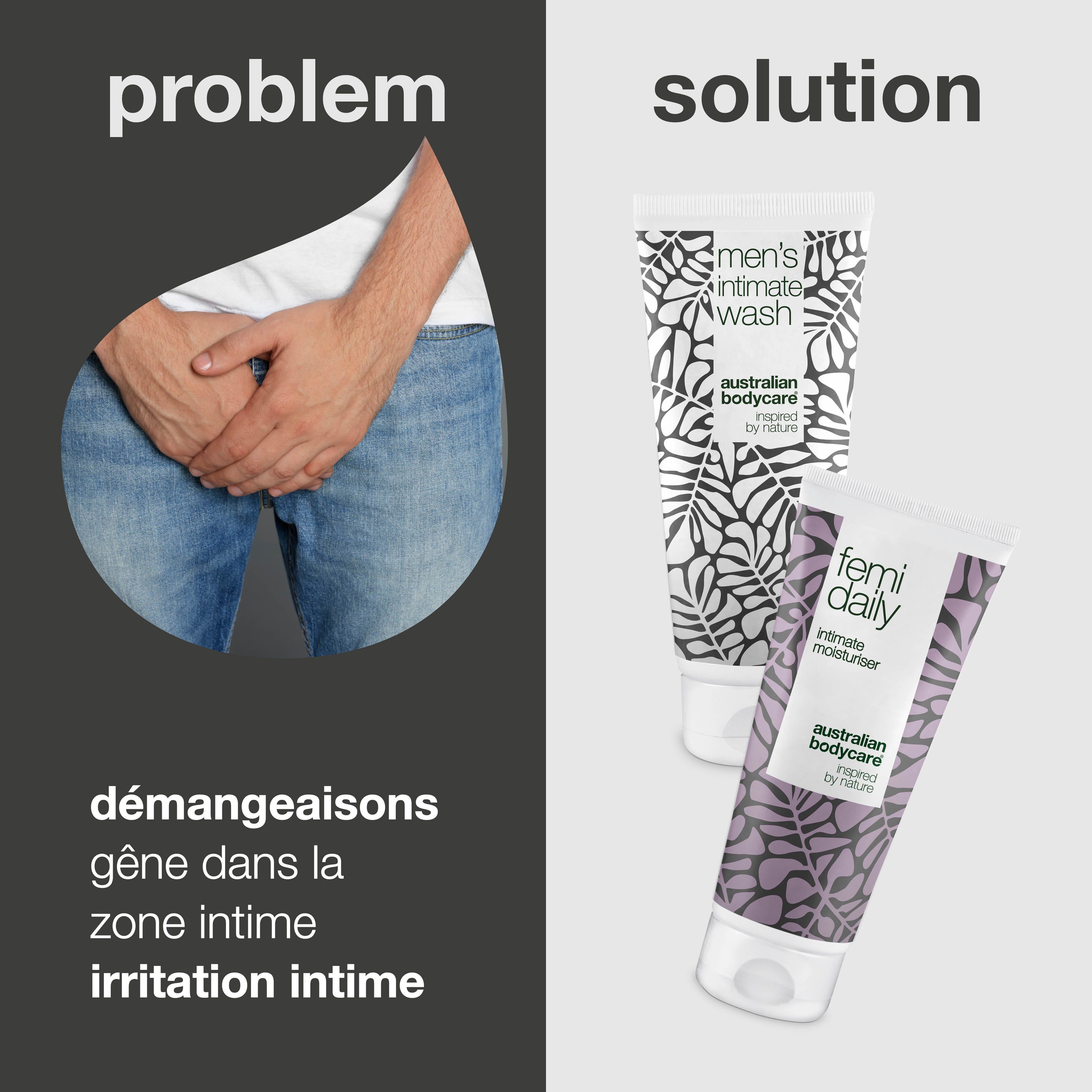 Homme tenant ses mains dans la zone intime. À côté : gel lavant intime et hydratant. Texte : Problème/Solution.