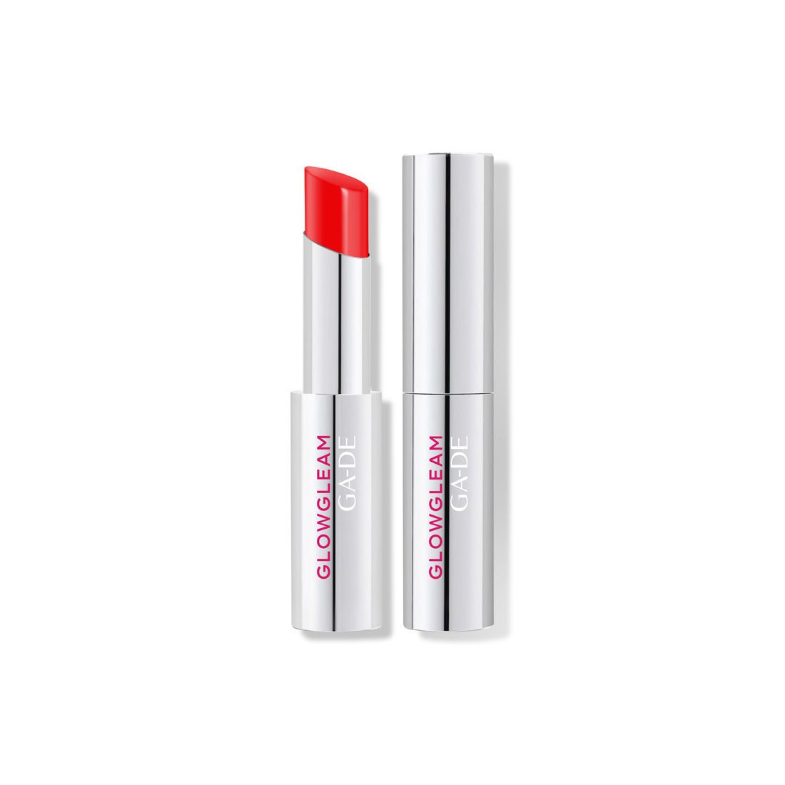 Rode lipstick met zilveren huls. Opschrift: GLOWGLEAM, GA-DE.