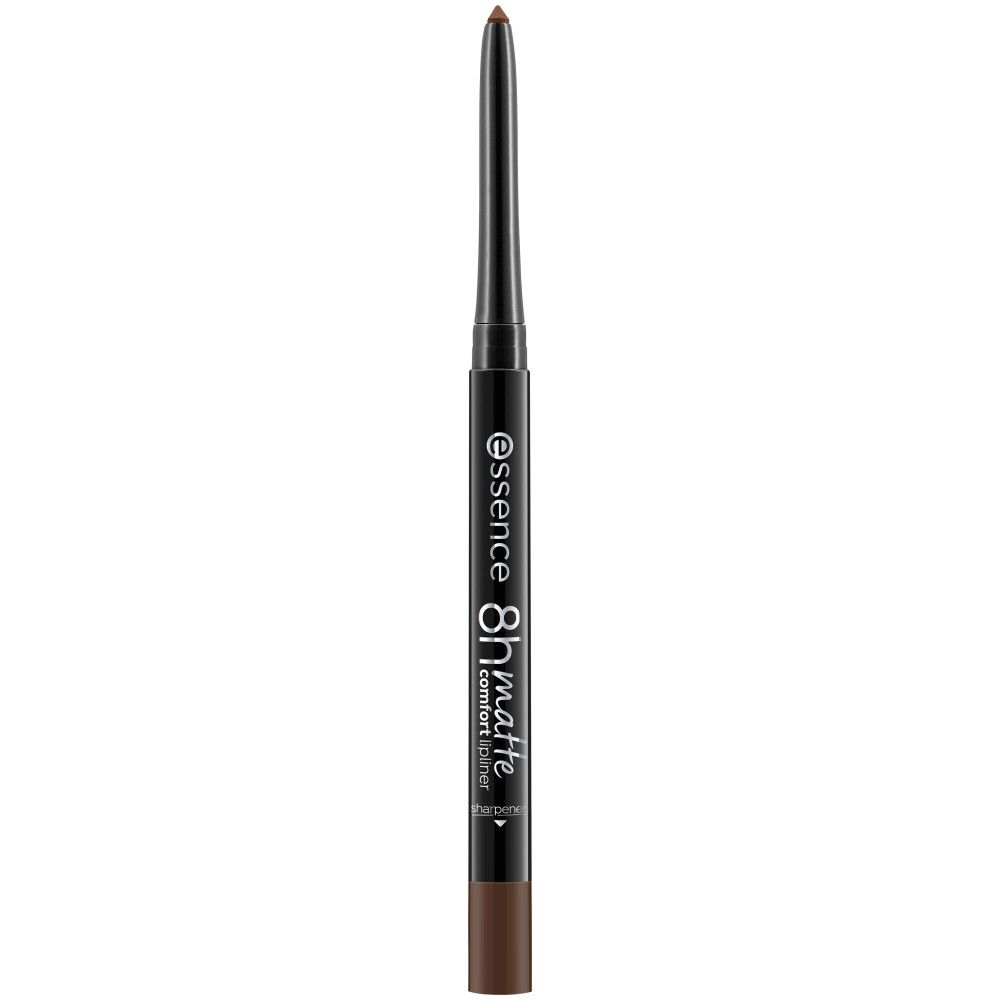 Essence Lippenstiftstift 8H Matte Comfort, bruin. Zwarte pen met bruine punt. Merk en productnaam zichtbaar.
